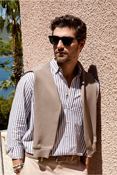 Abdullah Kiğılı Long Sleeve Regular Fit Buttoned Collar Cotton Striped Shirt