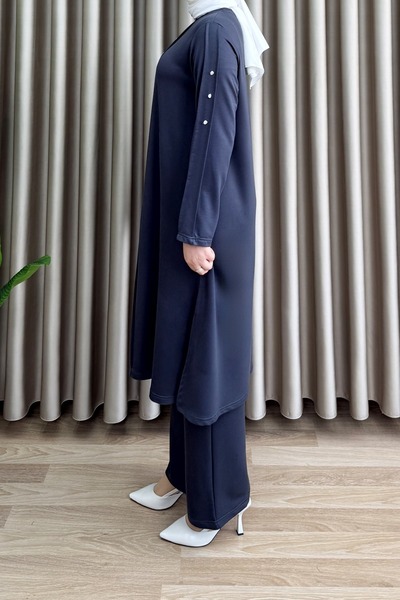 Hürrem Esi̇n Takim Crystal Fabric Women's Anthracite Two-Piece Suit with Decorative Button Detail on Front and Sleeves and Pants