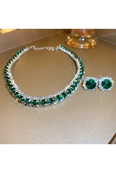 Choice green Women's Rhinestone Decorated Necklace & EarringsTrendy Jewelry S...