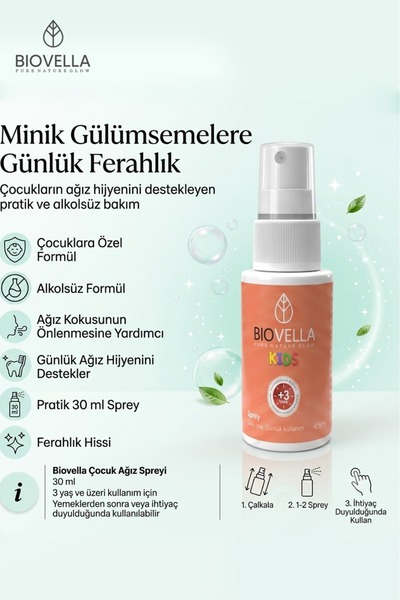 BİOVELLA Çocuklar İçin Çilek Aromalı Ağız Kokusu Önleyici Ve Giderici Sprey, Alkolsüz Formülasyon 30 ml