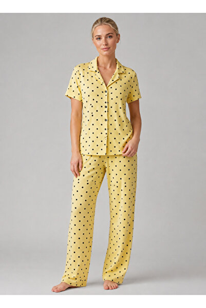 FİT WOMEN Yellow Polka Dot Buttoned Pajama Set 4642-Yellow