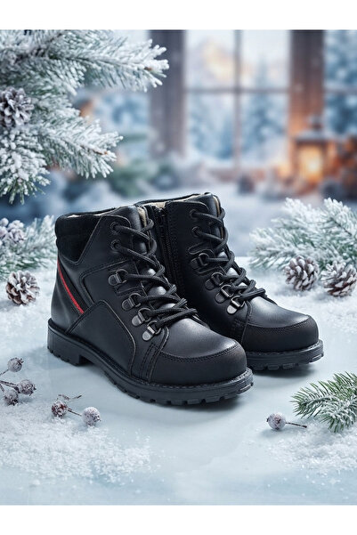 nuh kids Genuine Leather Black Orthopedic Zippered Boys' Boots