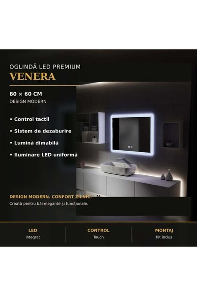 OEM Oglinda LED Rentagulara, 80x60cm, Touch VENERA , Sistem Dezaburire,Dimabila