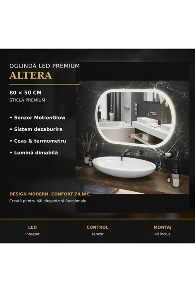 Marcello Funghi Oglindă ovală cu LED Altera, 80x50 cm, senzor MotionGlow, sis...