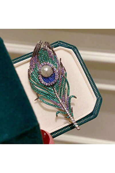 Choice AS SHOWN A Silver-Toned Peacock Feather Brooch - Multi-Colored Crystal...