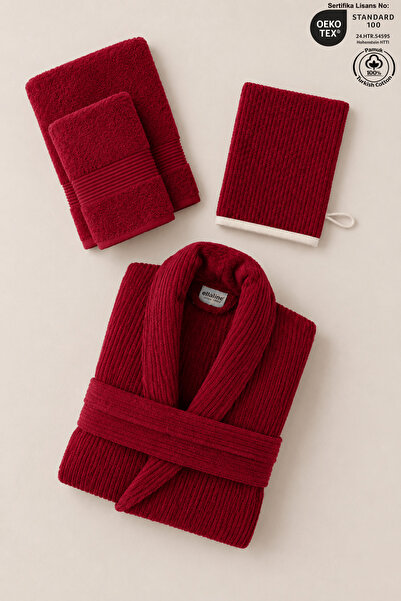 Ellaline Eldy Striped Bathrobe Set, 4 Pieces, 100% Cotton Certified Şalyaka B...