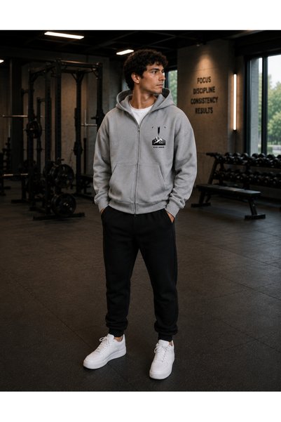Deep sense Men's Gray Hooded Zippered Oversize Sweatshirt Winter School Cardigan Hooded Printed