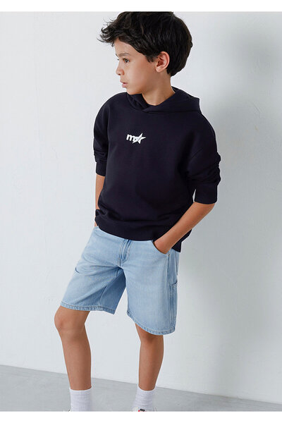 Mavi Kapüşonlu Siyah Çocuk Sweatshirt