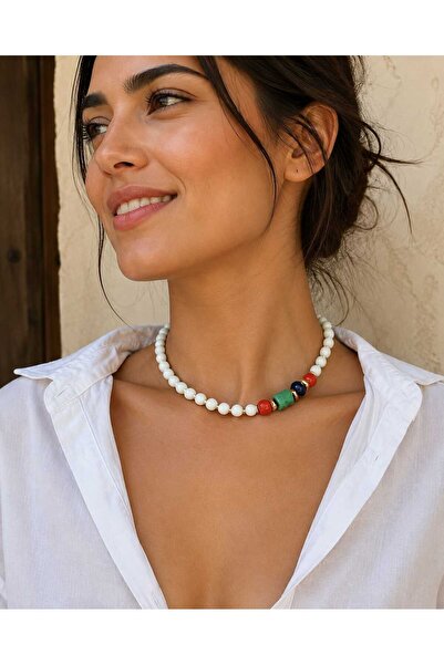 Sinem Şanlı Atelier Magnolia White Onyx Stone Colored Glass Bead Detailed Han...