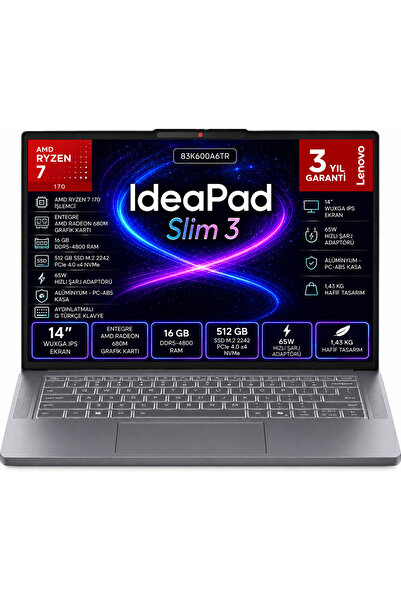 LENOVO IdeaPad Slim 3 AMD Ryzen 7 170 Cpu 16 GB 512 GB AMD Radeon 680 M 14 In...