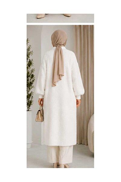 ZEYN STORE Kadın Şal Yaka Oversize Triko Ve Sakallı Tüylü Uzun Hırka