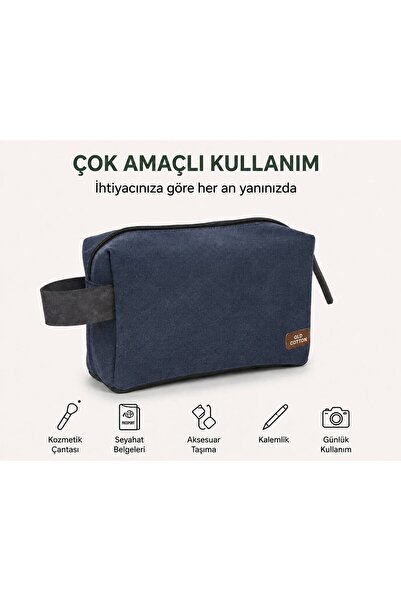 OLD COTTON BAGS Lacivert Kanvas Unisex El Çantası Fermuarlı Günlük Organizer ...