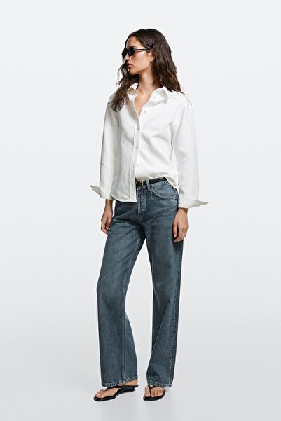 Massimo Dutti Pamuk ve keten karışımlı omuz detaylı gömlek