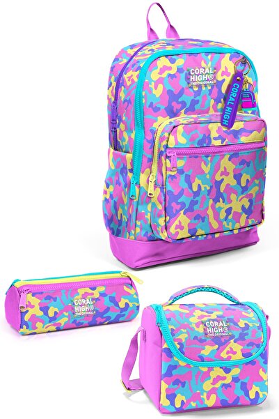 Coral High Kids Pembe Sarı Lavanta Kamuflaj Desenli 3’lü Okul Çanta Seti SET0...