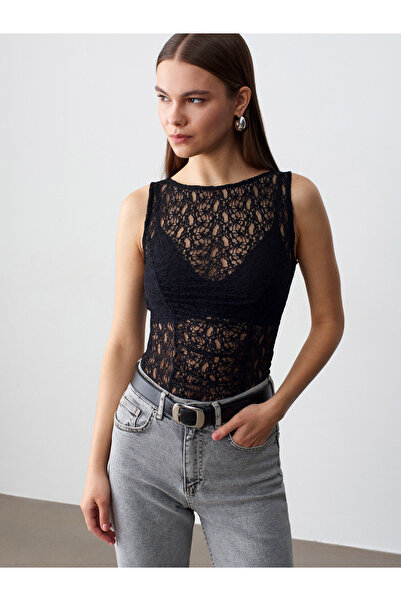 Dilvin 21202 Δαντελένια Λεπτομέρεια Αμάνικο Τοπ-Μαύρο