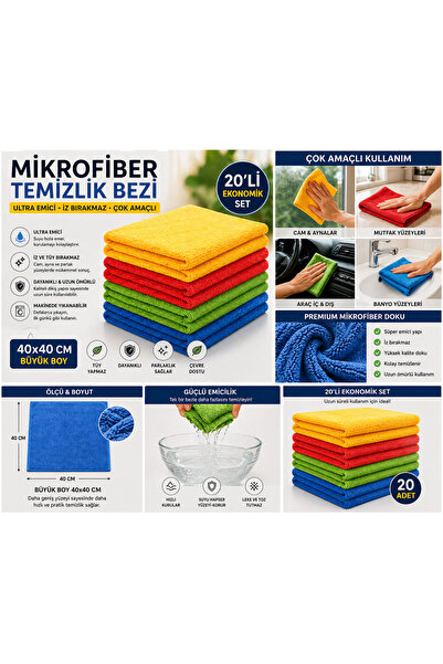 Renetic Mikrofiber Temizlik Bezi 20’li Set 40x40 cm Ultra Emici İz Bırakmaz Ç...