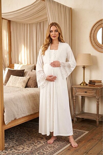 Lohusa Homewear Yeni Sezon Ekru Hamile Lohusa Yazlık Tam Boy Dantel Detaylı T...