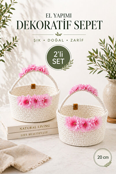 naturelove 2'li Set - El Yapımı Hasır Sepet Çiçekli Dekoratif Organizer Banyo...