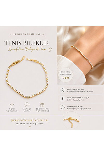 ADELYA CONCEPT Zirkon Taşlı Su Yolu Işıltılı Bileklik Kuyumcu İşi 14k Altın R...