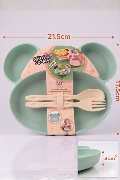 SHOP AND JOY Mouse Figürlü 4 Bölmeli Yeşil Bebek Mama Tabağı Seti - Eğitici K...