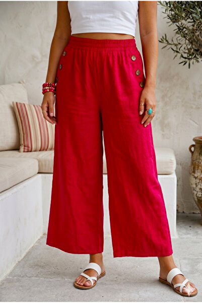 Chiccy Κόκκινες τσέπες με κουμπιά, ελαστική μέση, φαρδιά μπατζάκια, casual βα...