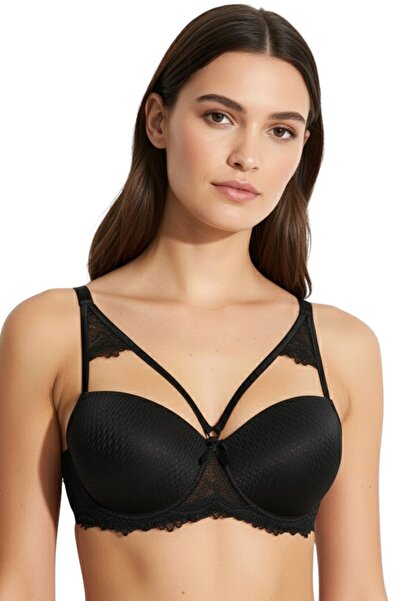hadiora Women's Black Stripe Detailed Lace Supported Bra