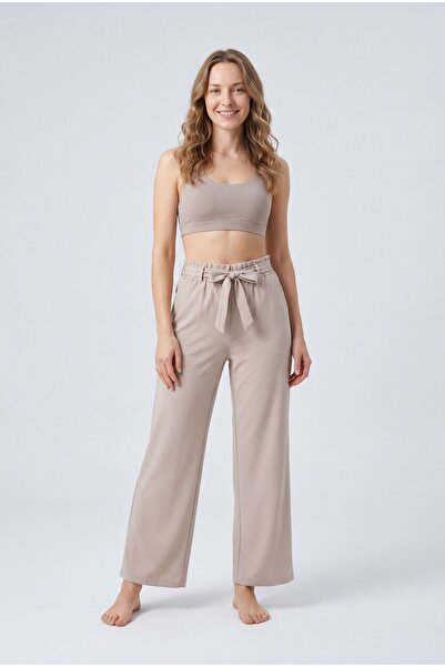 GLOW MUSE Duble Kumaş Bol Paça Pantolon -Bej