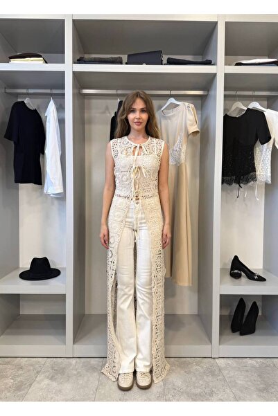 FLOWERİNG Γυναικεία μπεζ μακριά ζακέτα με δαντέλα και κορδόνια στο μπροστινό ...