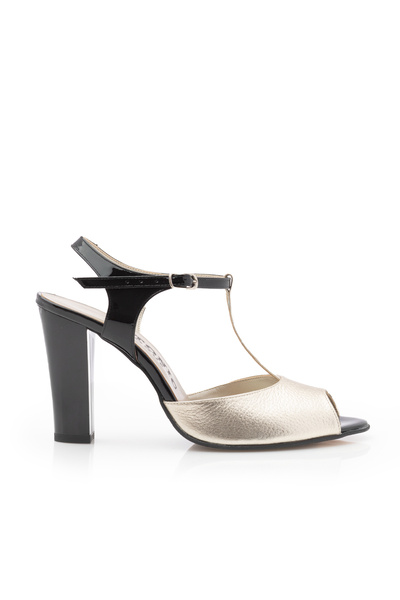 UrbanShoes Sandale elegante damă cu toc din piele naturală - 25721 Auriu+Negr...