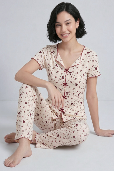 Bravie Σετ καλοκαιρινές πιτζάμες Alaçatı με μαλακό κοντομάνικο σχέδιο κορδέλα...