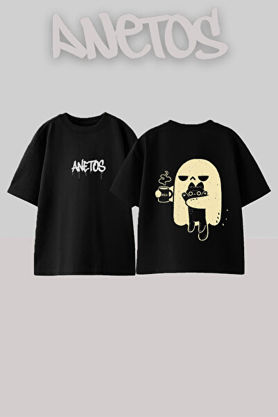 Anetos Μπλουζάκι Ghost Cat Design με στάμπα στην πλάτη, βαμβακερό μαύρο oversize