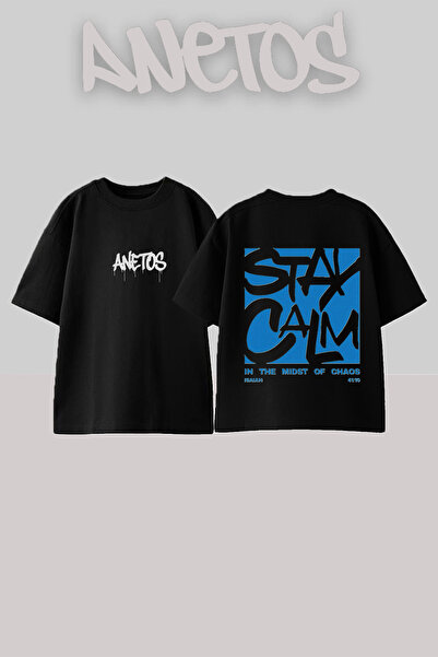 Anetos Μπλουζάκι Stay Calm με στάμπα στην πλάτη, βαμβακερό, μαύρο, oversized