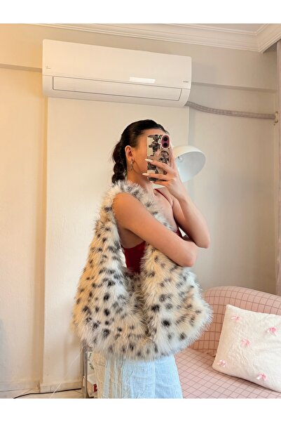 PİNKUE Λούτρινη τσάντα ώμου με σχέδιο λεοπάρ, τσάντα από γούνα μεγάλου όγκου ...