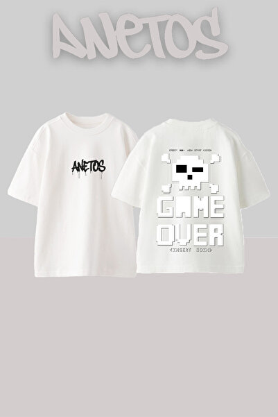 Anetos Μπλουζάκι Game Over Design με στάμπα στην πλάτη, βαμβακερό λευκό oversize