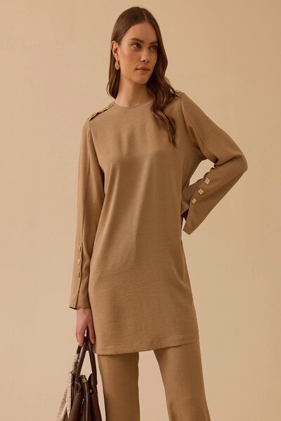 Rain and River Round neck tunic with button detail.