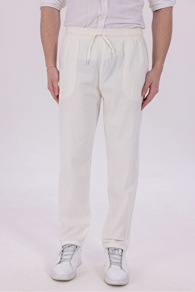 blayn jeans Erkek Beyaz Jogger Pantolon Beli Lastikli Bağcıklı %100 Pamuk Ket...
