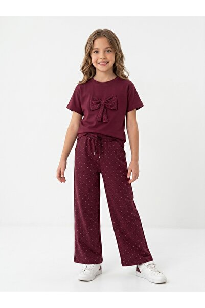 NURTOPU Girl's Set, Top and Bottom Set, Oyster Fabric, Burgundy Color, Full L...