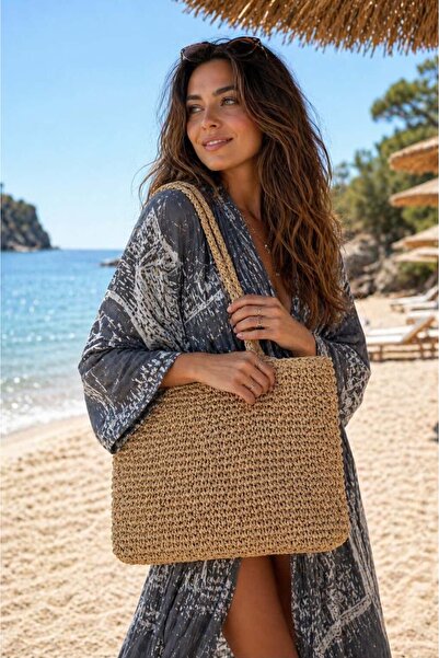 BALIENTE Γυναικεία τσάντα από ψάθα πλεκτή στο χέρι, χρώμα καμηλό, 43x35 εκ.