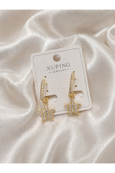 XUPING JEWELRY Gold Yıldız Figürlü Taşlı Halka Küpe – Xuping Sallantılı Işılt...