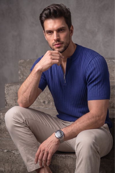 viyamen Erkek Slim Fit Fermuarlı Yarım Yaka Triko Tişört Modern Şık Günlük & ...