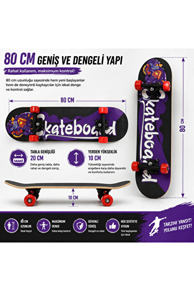 Saule 80 Cm Mor Skateboard Kaykay Kırmızı Teker Çocuk Genç Yetişkin Hazır Kur...
