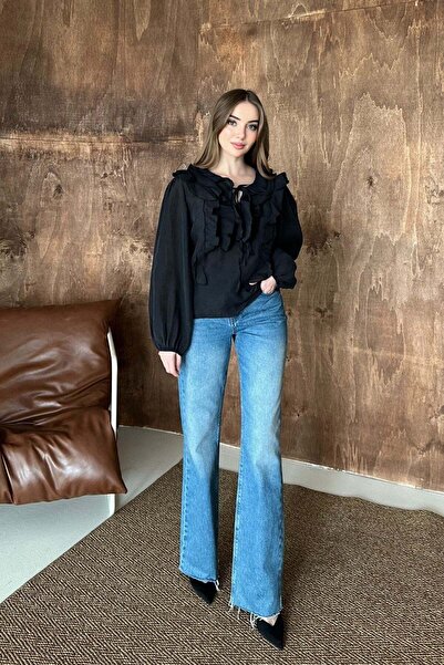 Elbee Fashion Woman Μαύρη μπλούζα με βολάν