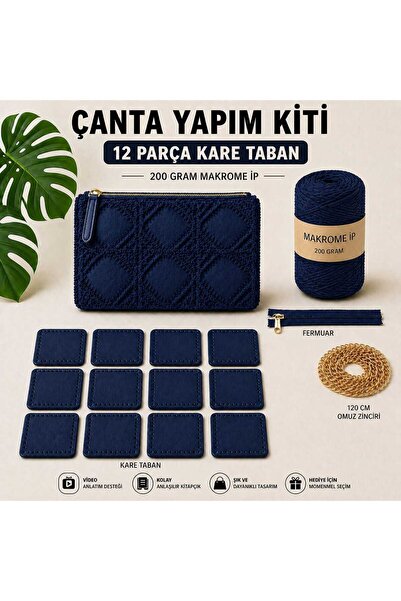 aurellen Clutch Çanta Yapım Kiti - 12 Parça Kare Taban, 200 Gr Makrome İp, Fe...