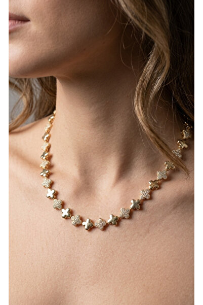 GMN COLLECTION PREMİUM SERİ XUPİNG VAN CLEEF YONCA MOTİFLİ ALTIN KAPLAMA KOLYE