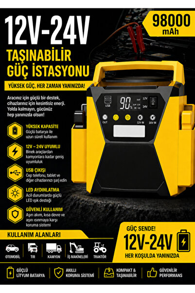 Merwish 98000mAh 12V-24V Akü Takviye Cihazı 8000A Peak Powerbank USB Çıkışlı ...