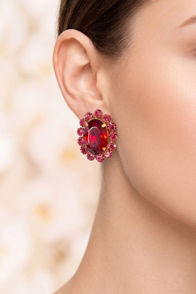 PETEK AKSESUAR Zircon Stone Oval Flower Earrings 4 Cm.