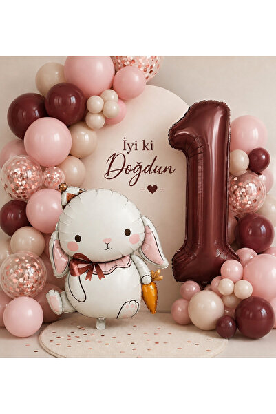 Öztürkpartievi RoseGold & Bordo Tavşanlı 1 Yaş Doğum Günü Balon Seti