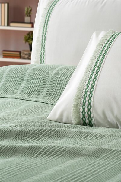 Sevim Σετ Πικέ 3 τεμαχίων Tivoli Single Lace-Σετ Πικέ Βάφλα-Μελάνι-Πράσινο Μέντα