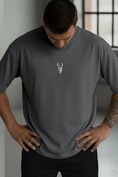 Millionaire Men's Gray Melange Deer Printed Oversize Fit Loose Wide Fit Casua...