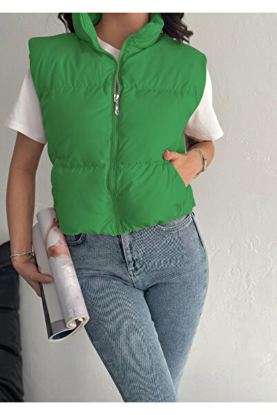 Dakfrogs Kadın Yeşil Dik Yakalı Fermuarlı Yandan Cepli Kısa Şişme Yelek